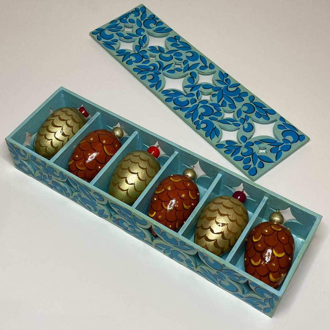 Wooden Christmas tree decorations in a blue box, traditional Russian hohloma ornament, handmade and hand-painted by Anastasia Kurganova