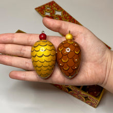 Load image into Gallery viewer, xmas baubles in cone shape, brown color, gold color, hand-painted Russian art by painter Anastasia Kurganova
