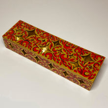 Load image into Gallery viewer, wooden box in gold colour with red hohloma ornament for xmas tree decorating, hand-painted by Anastasia Kurganova 
