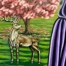 Load image into Gallery viewer, A tale of dual realms - a girl sowing lily seeds amidst life and death. A deer and cherry tree echo mortality on one side, while vitality reigns on the other. Storm and sun clash above, symbolizing life&#39;s contrasts. A masterpiece of hope, renewal, and nature&#39;s resilience. 
