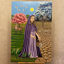 Load image into Gallery viewer, A tale of dual realms - a girl sowing lily seeds amidst life and death. A deer and cherry tree echo mortality on one side, while vitality reigns on the other. Storm and sun clash above, symbolizing life&#39;s contrasts. A masterpiece of hope, renewal, and nature&#39;s resilience. 
