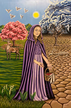 Load image into Gallery viewer, A tale of dual realms - a girl sowing lily seeds amidst life and death. A deer and cherry tree echo mortality on one side, while vitality reigns on the other. Storm and sun clash above, symbolizing life&#39;s contrasts. A masterpiece of hope, renewal, and nature&#39;s resilience. 
