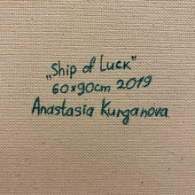 Load image into Gallery viewer, Set sail on a vibrant seascape journey in this oil painting. A green yacht sails toward a sunrise horizon, its luck clover flag fluttering with hope. Bright colors dance on waves, decorative fish adorning edges, adding whimsy. Symbolism and beauty.
