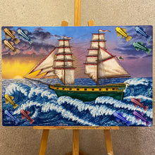 Load image into Gallery viewer, Set sail on a vibrant seascape journey in this oil painting. A green yacht sails toward a sunrise horizon, its luck clover flag fluttering with hope. Bright colors dance on waves, decorative fish adorning edges, adding whimsy. Symbolism and beauty.
