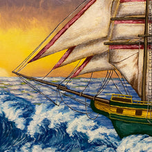 Load image into Gallery viewer, Set sail on a vibrant seascape journey in this oil painting. A green yacht sails toward a sunrise horizon, its luck clover flag fluttering with hope. Bright colors dance on waves, decorative fish adorning edges, adding whimsy. Symbolism and beauty.
