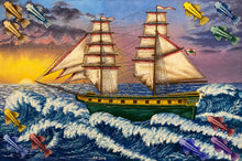 Load image into Gallery viewer, Set sail on a vibrant seascape journey in this oil painting. A green yacht sails toward a sunrise horizon, its luck clover flag fluttering with hope. Bright colors dance on waves, decorative fish adorning edges, adding whimsy. Symbolism and beauty.
