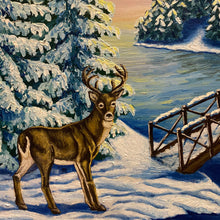 Load image into Gallery viewer,  Step into a winter masterpiece - a serene river winds through majestic mountains and pines. A bridge spans the water, deer graze nearby. Atop a snow - covered peak, a castle backs in dawn&#39;s glow. Embrace the holiday magic in this enchanting scene.
