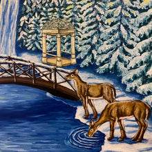 Load image into Gallery viewer,  Step into a winter masterpiece - a serene river winds through majestic mountains and pines. A bridge spans the water, deer graze nearby. Atop a snow - covered peak, a castle backs in dawn&#39;s glow. Embrace the holiday magic in this enchanting scene.
