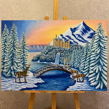 Load image into Gallery viewer,  Step into a winter masterpiece - a serene river winds through majestic mountains and pines. A bridge spans the water, deer graze nearby. Atop a snow - covered peak, a castle backs in dawn&#39;s glow. Embrace the holiday magic in this enchanting scene.
