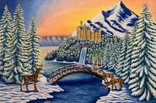 Load image into Gallery viewer,  Step into a winter masterpiece - a serene river winds through majestic mountains and pines. A bridge spans the water, deer graze nearby. Atop a snow - covered peak, a castle backs in dawn&#39;s glow. Embrace the holiday magic in this enchanting scene.
