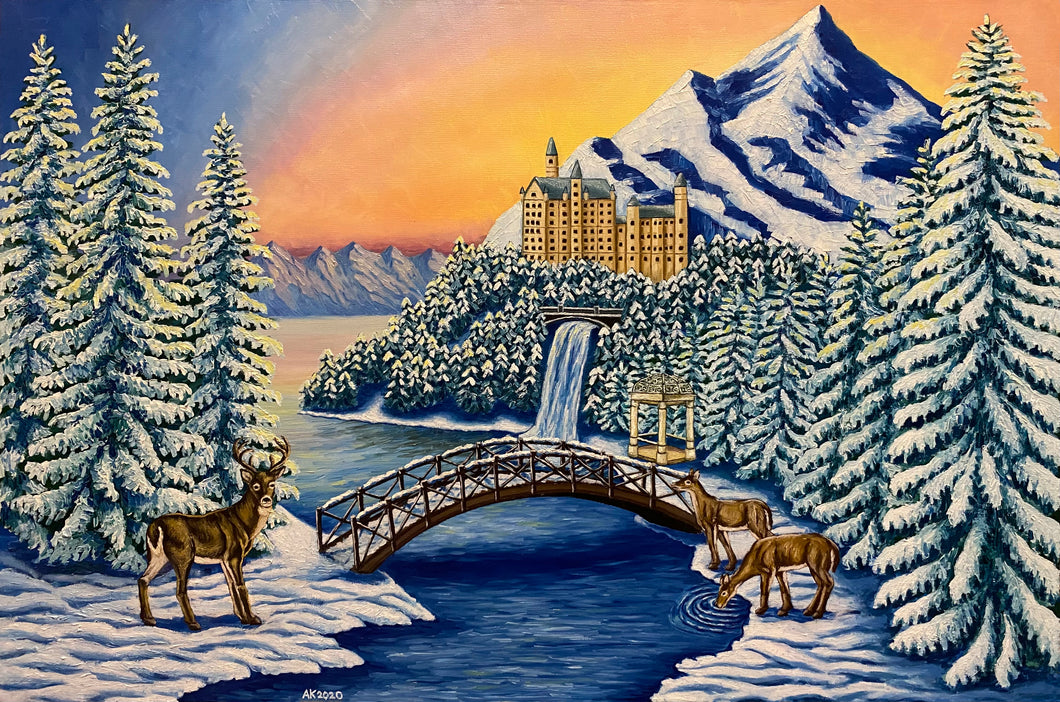  Step into a winter masterpiece - a serene river winds through majestic mountains and pines. A bridge spans the water, deer graze nearby. Atop a snow - covered peak, a castle backs in dawn's glow. Embrace the holiday magic in this enchanting scene.