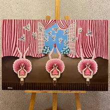 Load image into Gallery viewer, Ballet&#39;s poetic grace in pink hues. Three ballerinas form &quot;you&quot; with legs, uniting in elegant harmony. Symbolism blooms - doves soar from an open window to blue skies, hydrangeas bloom. Spheres with stars reflect the intricate dance of human thoughts. A canvas of emotions and intellect, a ballet of symbolism. 
