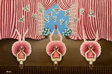 Load image into Gallery viewer, Ballet&#39;s poetic grace in pink hues. Three ballerinas form &quot;you&quot; with legs, uniting in elegant harmony. Symbolism blooms - doves soar from an open window to blue skies, hydrangeas bloom. Spheres with stars reflect the intricate dance of human thoughts. A canvas of emotions and intellect, a ballet of symbolism. 
