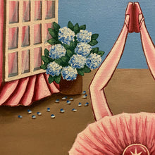 Load image into Gallery viewer, Ballet&#39;s poetic grace in pink hues. Three ballerinas form &quot;you&quot; with legs, uniting in elegant harmony. Symbolism blooms - doves soar from an open window to blue skies, hydrangeas bloom. Spheres with stars reflect the intricate dance of human thoughts. A canvas of emotions and intellect, a ballet of symbolism. 
