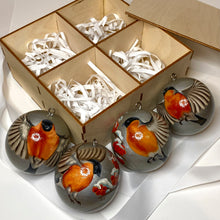 Load image into Gallery viewer, rowan berry tree and bullfinch bird, silver colour, wooden box and round sphere, handmade by an artist Anastasia Kurganova
