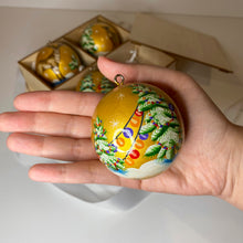 Load image into Gallery viewer, size of wooden bauble round sphere, handmade and hand-painted by painter Anastasia Kurganova 
