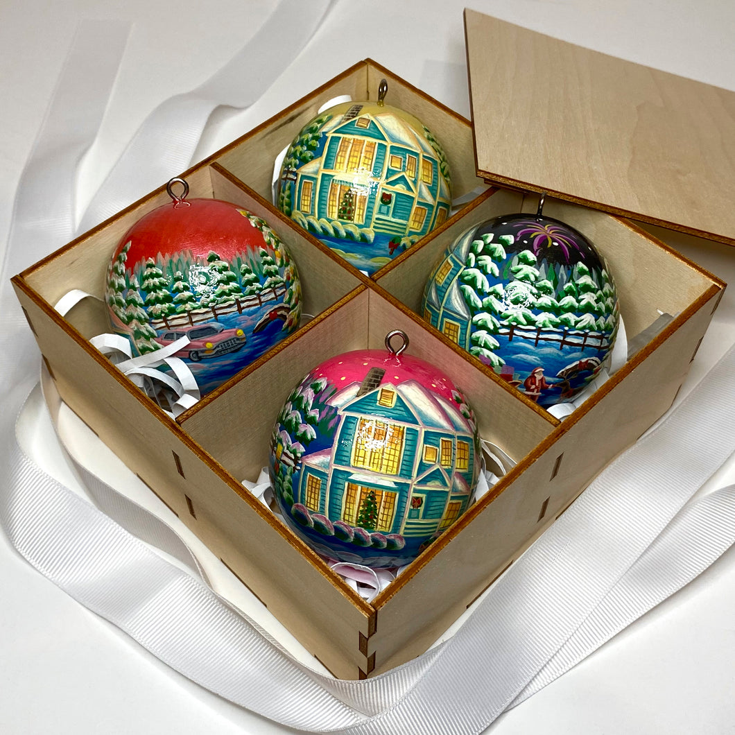 Christmas Day painting, wooden round sphere, decorations for xmas tree, day cycle, made by Anastasia Kurganova 