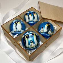 Load image into Gallery viewer, Wooden Christmas decorations in box, Penguins in Antarctica, blue colour, handmade artwork by Anastasia Kurganova
