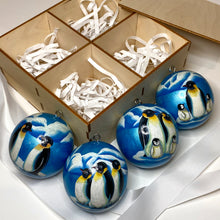 Load image into Gallery viewer, Wooden box with handmade Wooden Christmas ornaments for xmas tree, blue color, penguins painting, painter Anastasia Kurganova
