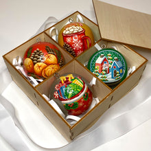 Load image into Gallery viewer, Christmas tree ornaments, wooden baubles, new year theme, gifts, champagne, snow globe, tangerines, made by painter Anastasia Kurganova
