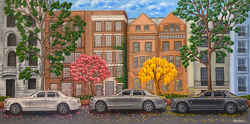Luxurious Rolls-Royce Phantom's grace Manhattan's streets amid blooming trees, merging opulence with spring's renewal. A symbol of prosperity, this oil painting captures architecture's splendour against a backdrop of bustling city life. 