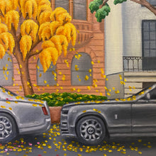 Load image into Gallery viewer, Luxurious Rolls-Royce Phantom&#39;s grace Manhattan&#39;s streets amid blooming trees, merging opulence with spring&#39;s renewal. A symbol of prosperity, this oil painting captures architecture&#39;s splendour against a backdrop of bustling city life. 
