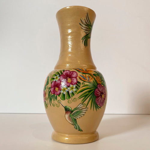 Vase Hummingbird, wooden handmade artwork made by Anastasia Kurganova