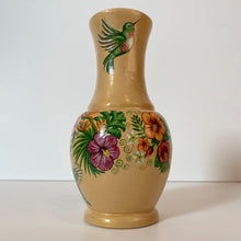 Load image into Gallery viewer, handmade wooden vase, bird painting, golden colour, hibiscus flower, artist Anastasia Kurganova
