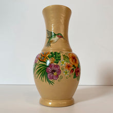 Load image into Gallery viewer, handmade wooden vase, bird painting, golden colour, hibiscus flower, tropical theme, artist Anastasia Kurganova
