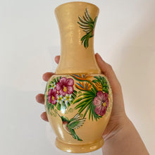 Load image into Gallery viewer, handmade wooden vase, bird painting, golden colour, hibiscus flower, tropical theme, artist Anastasia Kurganova
